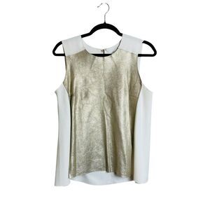 Trina Turk Top Womens Medium Gold Metallic Sleeveless Leather Contrast Blouse